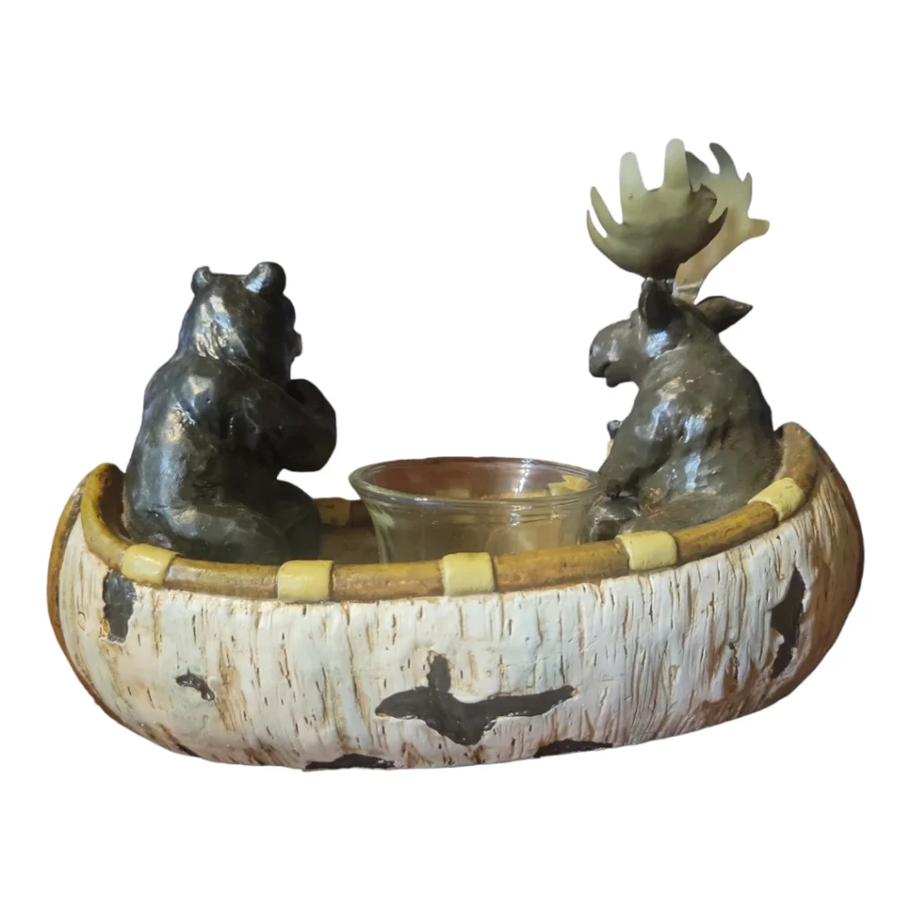 Vtg Votive Candle Holder Resin Birch Bark Canoe Bear Moose Pinecones